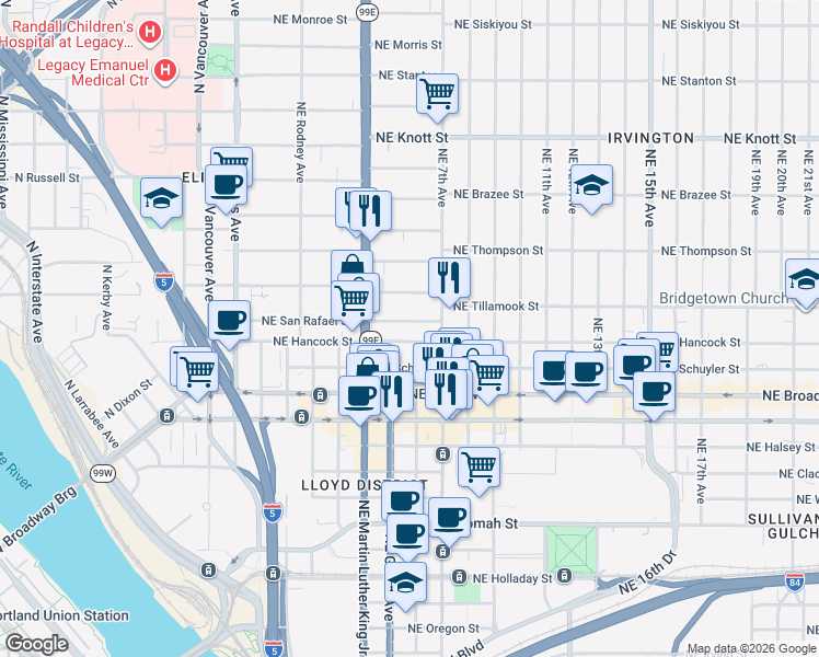 map of restaurants, bars, coffee shops, grocery stores, and more near 608 Northeast San Rafael Street in Portland