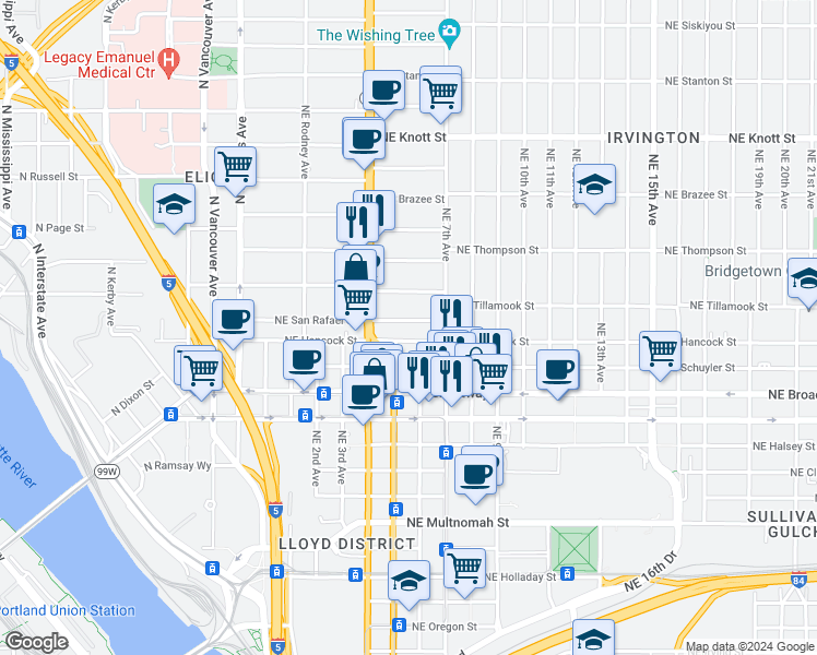 map of restaurants, bars, coffee shops, grocery stores, and more near 530 Northeast San Rafael Street in Portland