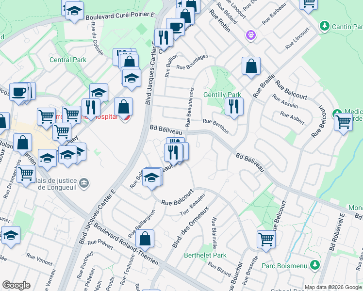 map of restaurants, bars, coffee shops, grocery stores, and more near 1455 Rue Beauharnois in Longueuil