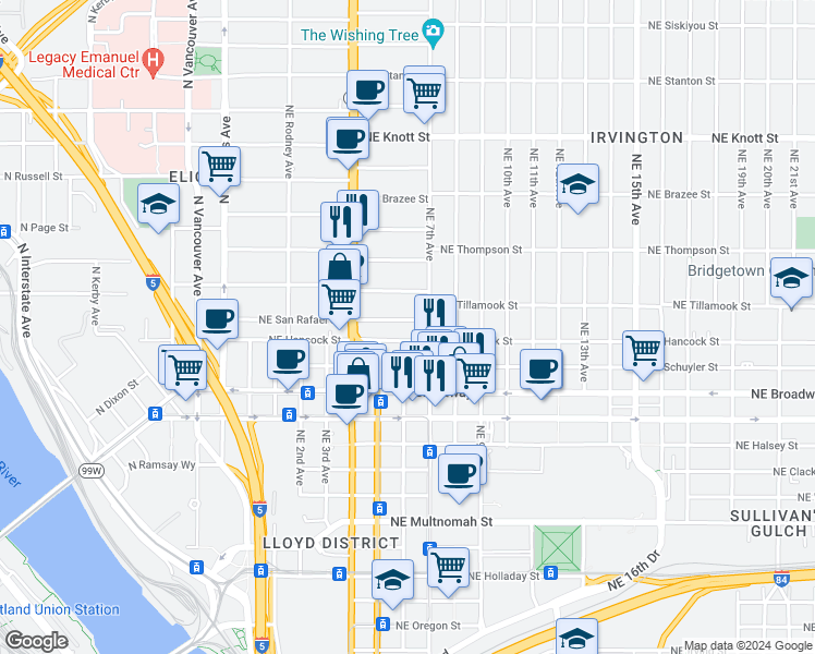 map of restaurants, bars, coffee shops, grocery stores, and more near 604 Northeast San Rafael Street in Portland