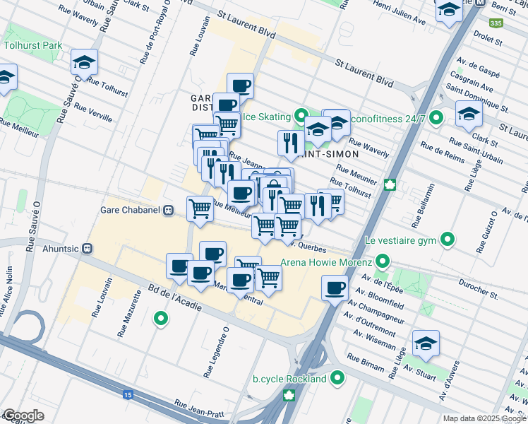 map of restaurants, bars, coffee shops, grocery stores, and more near in Montréal