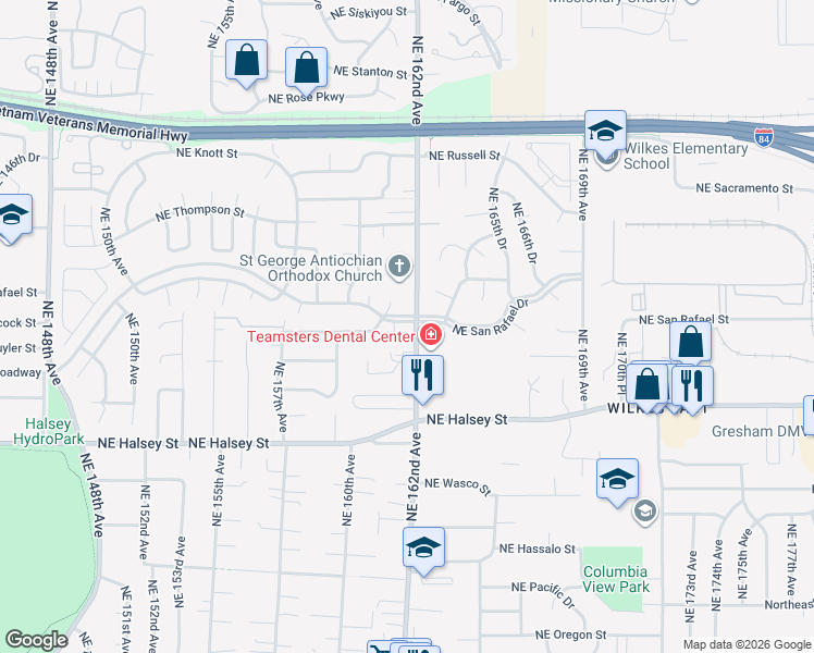 map of restaurants, bars, coffee shops, grocery stores, and more near 16136 Northeast San Rafael Street in Portland