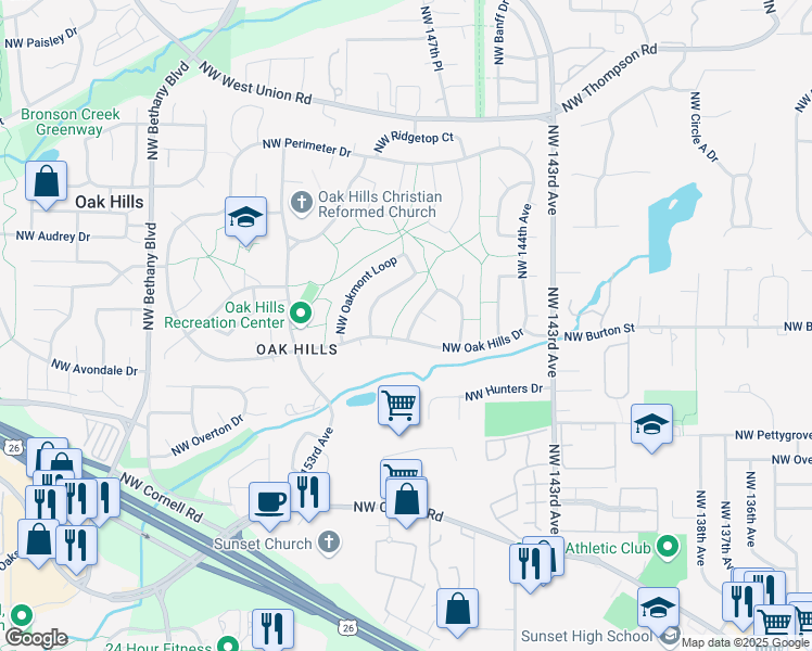 map of restaurants, bars, coffee shops, grocery stores, and more near 14855 Northwest Bonneville Loop in Beaverton