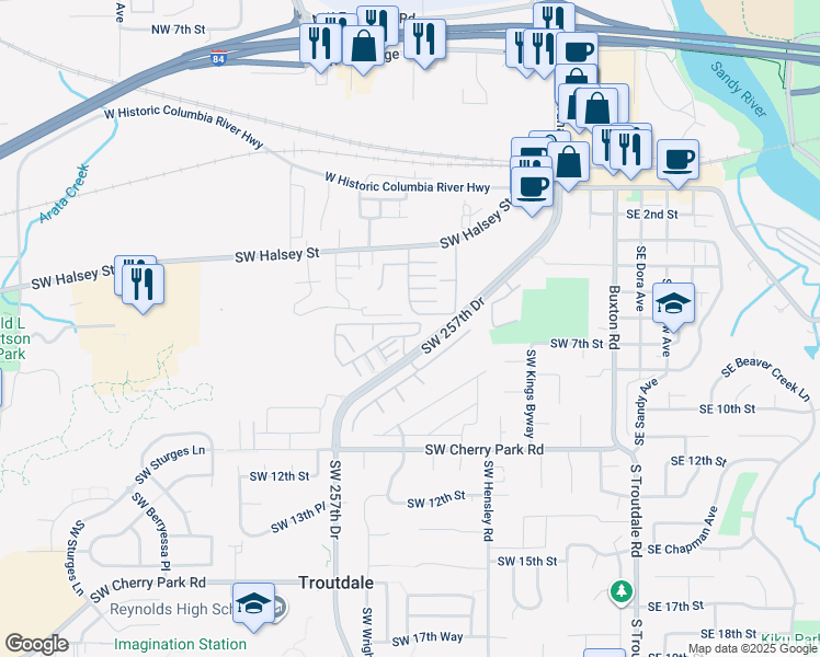 map of restaurants, bars, coffee shops, grocery stores, and more near 639 Southwest 257th Drive in Troutdale