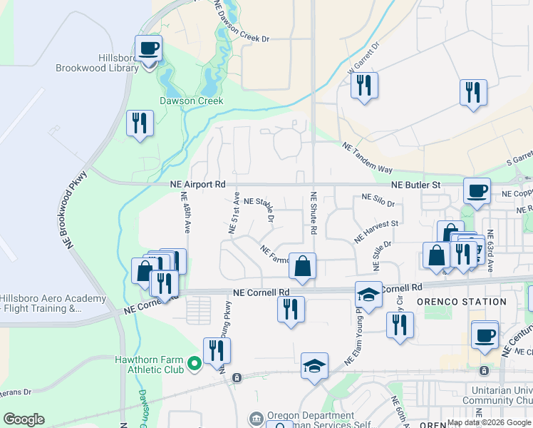 map of restaurants, bars, coffee shops, grocery stores, and more near 1635 Northeast Stable Drive in Hillsboro