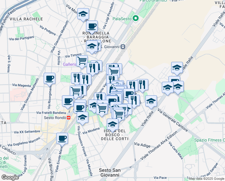 map of restaurants, bars, coffee shops, grocery stores, and more near 4 Via Giorgio Enrico Falck in Sesto San Giovanni