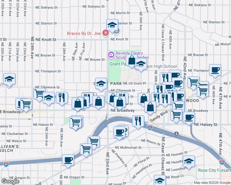 map of restaurants, bars, coffee shops, grocery stores, and more near 3344 Northeast Tillamook Street in Portland