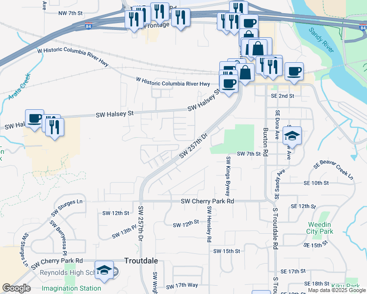 map of restaurants, bars, coffee shops, grocery stores, and more near 151 Southwest 257th Drive in Troutdale