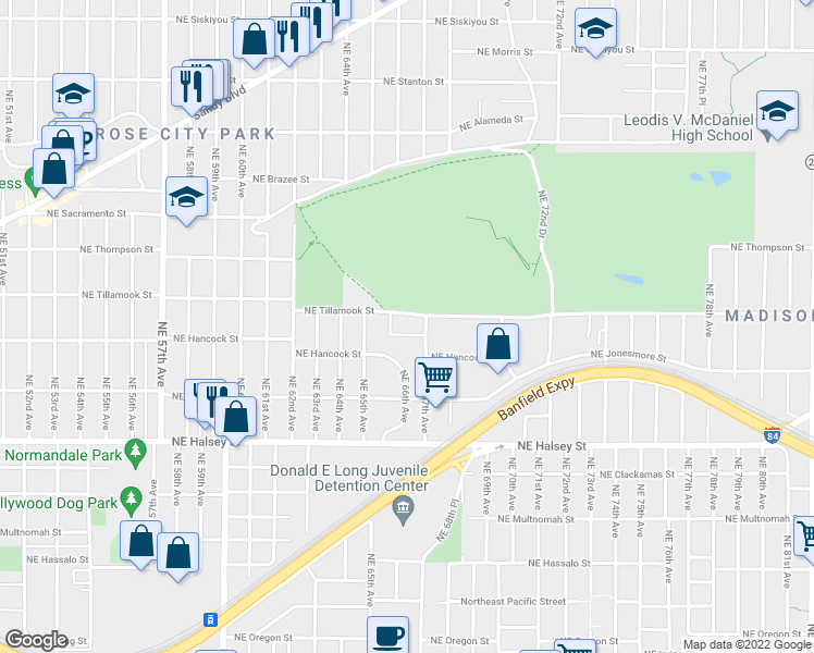 map of restaurants, bars, coffee shops, grocery stores, and more near 6636 Northeast Tillamook Street in Portland