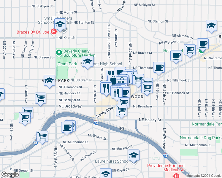 map of restaurants, bars, coffee shops, grocery stores, and more near 1926 Northeast 40th Avenue in Portland