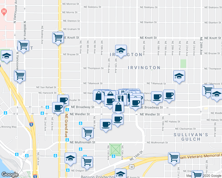 map of restaurants, bars, coffee shops, grocery stores, and more near 1922 Northeast 12th Avenue in Portland