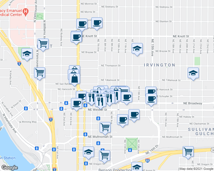 map of restaurants, bars, coffee shops, grocery stores, and more near 2007 Northeast 8th Avenue in Portland