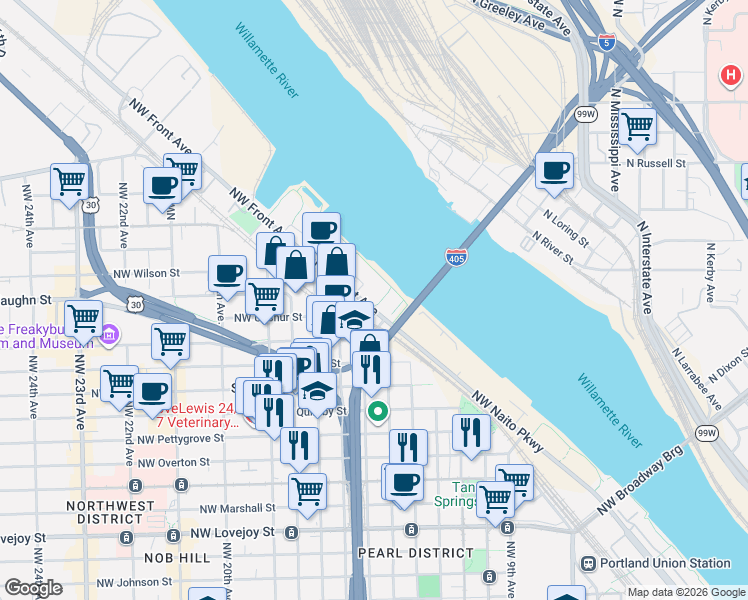 map of restaurants, bars, coffee shops, grocery stores, and more near 2046 Northwest 16th Avenue in Portland