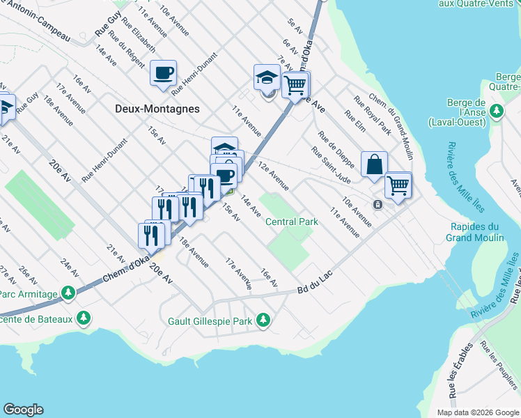 map of restaurants, bars, coffee shops, grocery stores, and more near 105 Avenue 14e in Deux-Montagnes