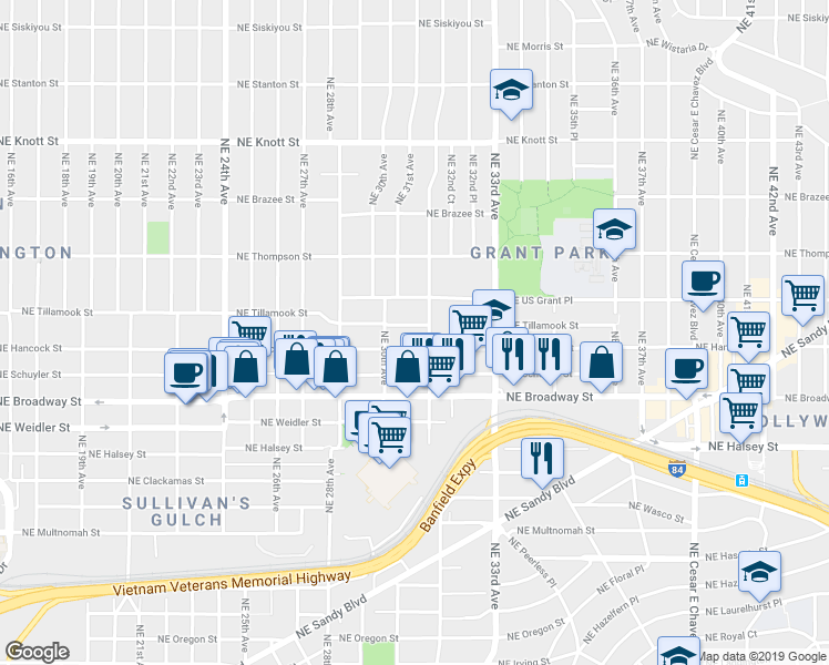 map of restaurants, bars, coffee shops, grocery stores, and more near 3114 Northeast Tillamook Street in Portland