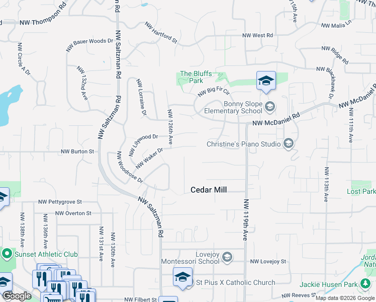 map of restaurants, bars, coffee shops, grocery stores, and more near 12490 Northwest Waker Drive in Portland