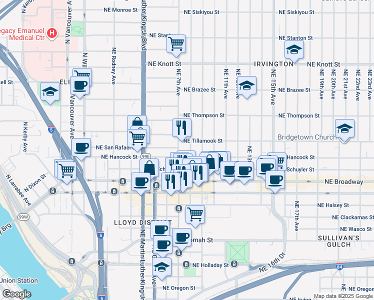 map of restaurants, bars, coffee shops, grocery stores, and more near 2007 Northeast 8th Avenue in Portland