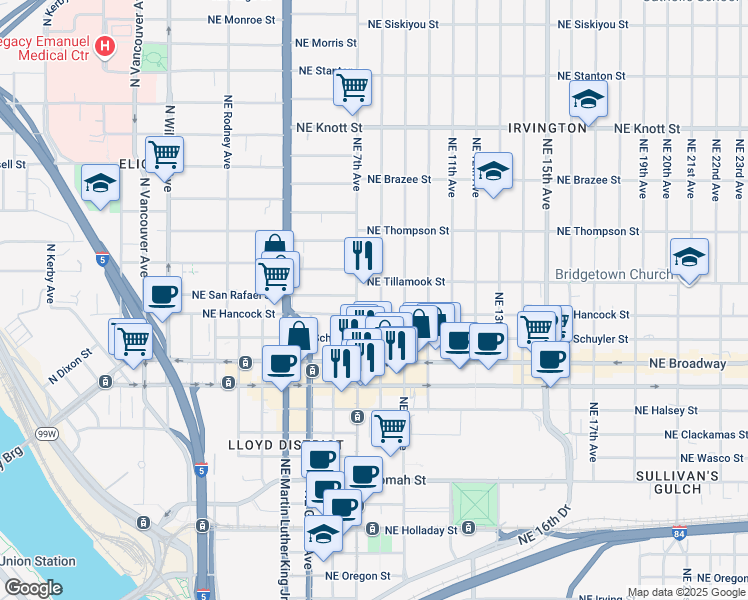 map of restaurants, bars, coffee shops, grocery stores, and more near 2007 Northeast 8th Avenue in Portland