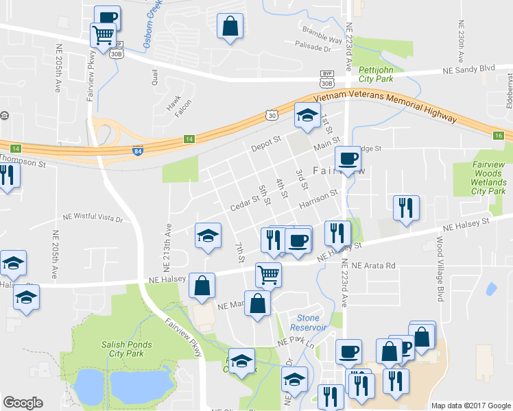 map of restaurants, bars, coffee shops, grocery stores, and more near 530 Cedar St in Fairview