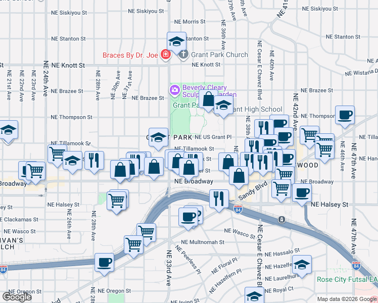 map of restaurants, bars, coffee shops, grocery stores, and more near 3424 Northeast Tillamook Street in Portland