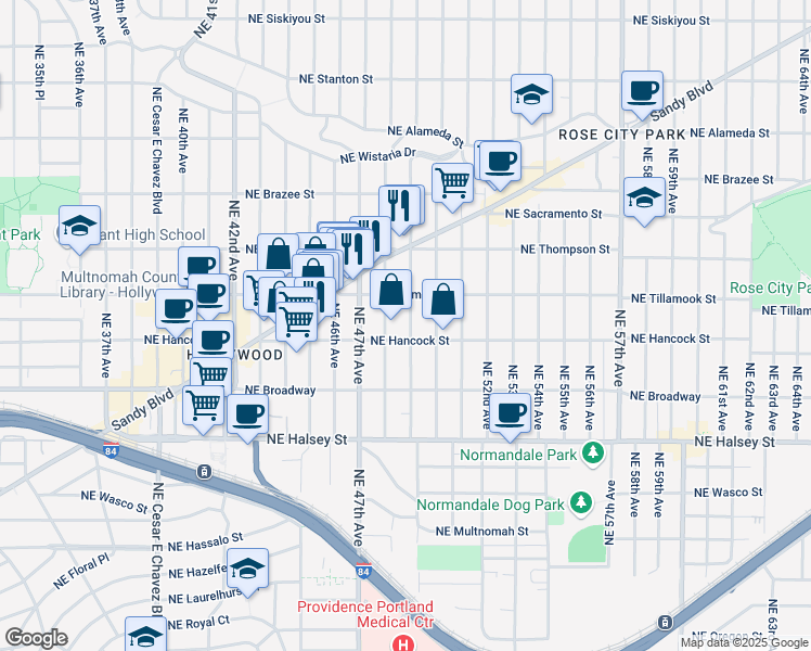 map of restaurants, bars, coffee shops, grocery stores, and more near 1927 Northeast 49th Avenue in Portland