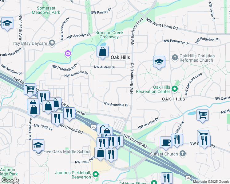 map of restaurants, bars, coffee shops, grocery stores, and more near 2341 Northwest 160th Avenue in Beaverton