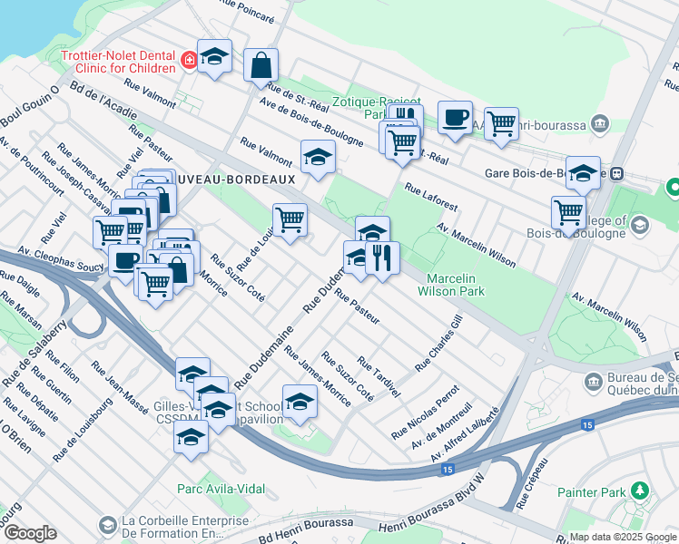 map of restaurants, bars, coffee shops, grocery stores, and more near 2059 Rue Dudemaine in Montreal