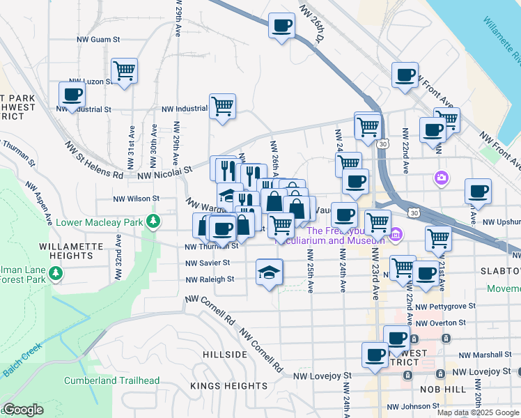 map of restaurants, bars, coffee shops, grocery stores, and more near 2655 Northwest Vaughn Street in Portland