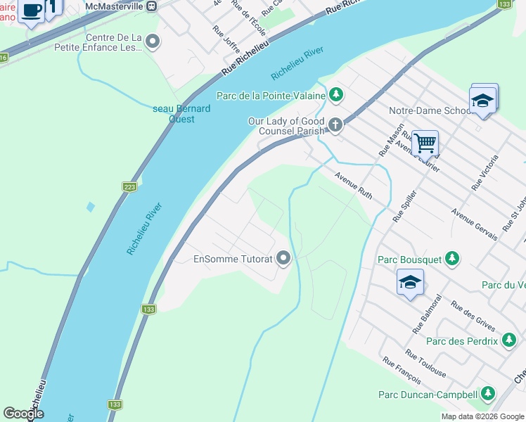 map of restaurants, bars, coffee shops, grocery stores, and more near 231 Avenue Louis-Lévesque in Otterburn Park