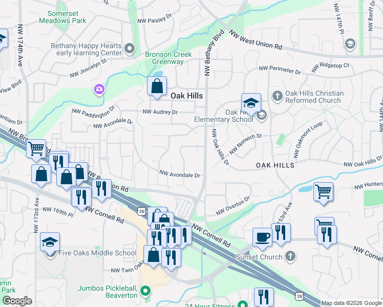 map of restaurants, bars, coffee shops, grocery stores, and more near 2390 Northwest Lydia Place in Beaverton