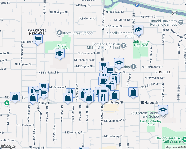 map of restaurants, bars, coffee shops, grocery stores, and more near 12020 Northeast San Rafael Street in Portland