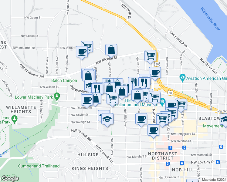 map of restaurants, bars, coffee shops, grocery stores, and more near 2016 Northwest 26th Avenue in Portland