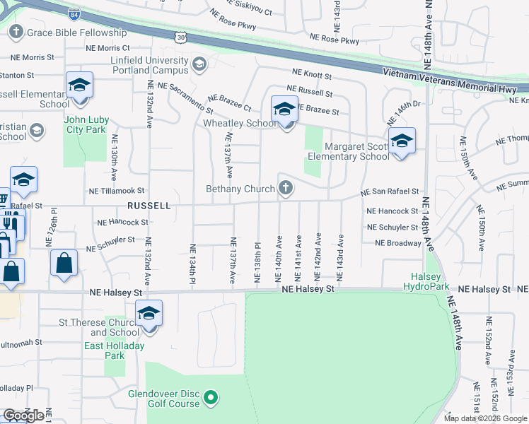 map of restaurants, bars, coffee shops, grocery stores, and more near 1930 Northeast 138th Place in Portland