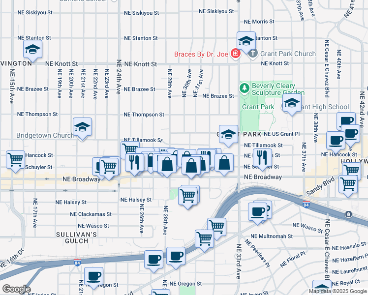map of restaurants, bars, coffee shops, grocery stores, and more near 2914 Northeast Tillamook Street in Portland