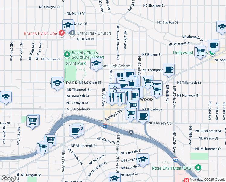 map of restaurants, bars, coffee shops, grocery stores, and more near 1924 Northeast 38th Avenue in Portland