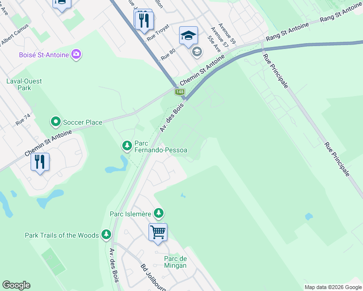 map of restaurants, bars, coffee shops, grocery stores, and more near 2067 Rue Bonaventure in Laval