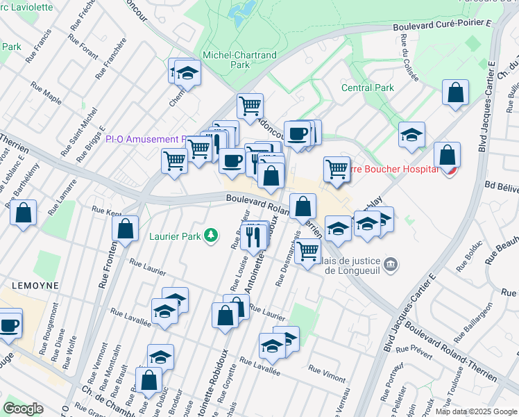 map of restaurants, bars, coffee shops, grocery stores, and more near 2150 Rue Chamberland in Longueuil