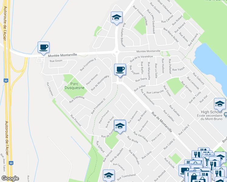 map of restaurants, bars, coffee shops, grocery stores, and more near 48 Rue Frontenac Ouest in Saint-Bruno-de-Montarville