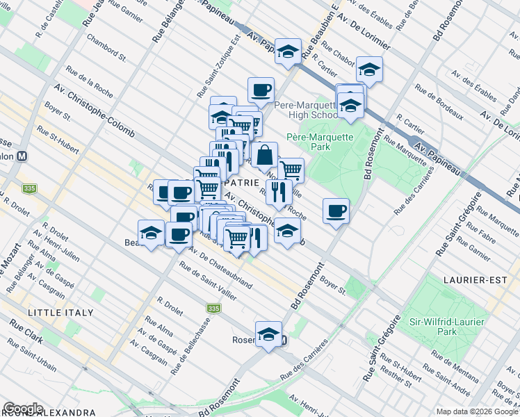 map of restaurants, bars, coffee shops, grocery stores, and more near 6261 Avenue Christophe-Colomb in Montréal