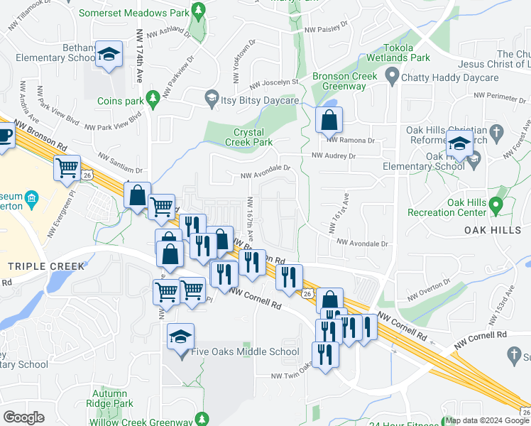 map of restaurants, bars, coffee shops, grocery stores, and more near 2467 Northwest Schmidt Way in Beaverton