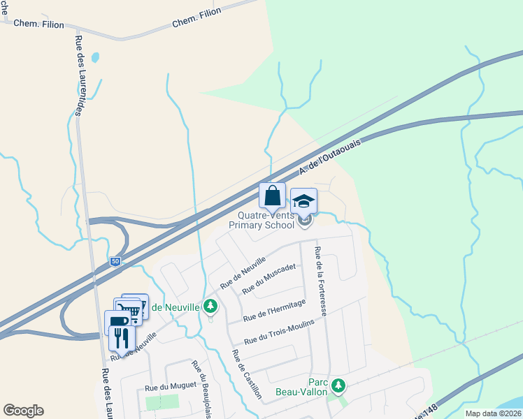 map of restaurants, bars, coffee shops, grocery stores, and more near 184 Rue de Beaujeu in Gatineau