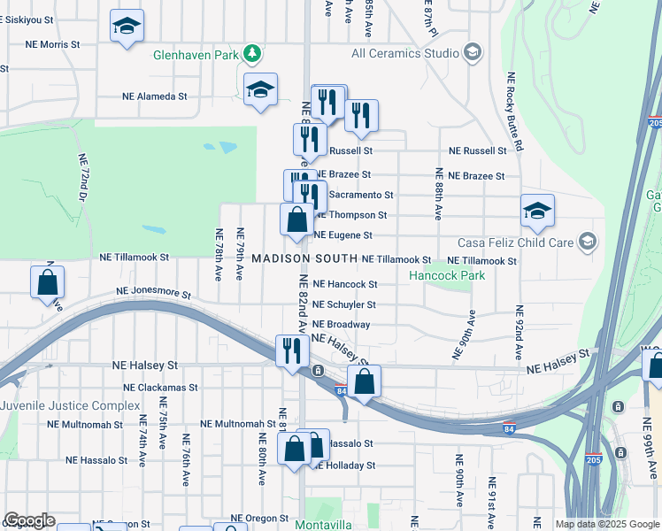 map of restaurants, bars, coffee shops, grocery stores, and more near 8300 Northeast Tillamook Street in Portland