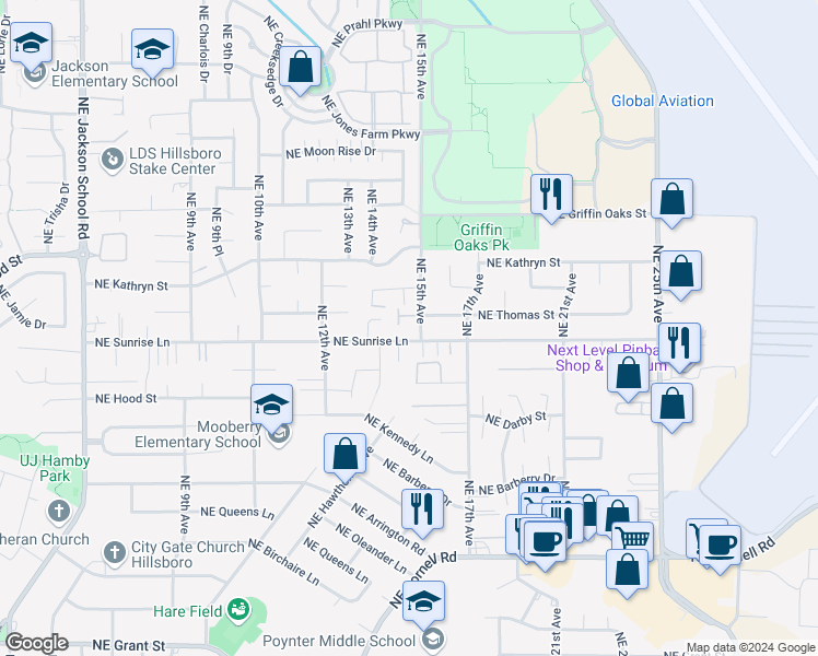 map of restaurants, bars, coffee shops, grocery stores, and more near 1459 Northeast Sunrise Lane in Hillsboro
