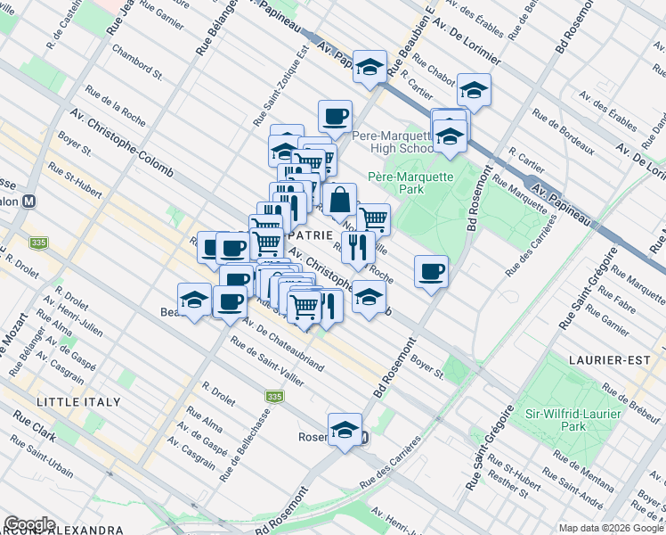 map of restaurants, bars, coffee shops, grocery stores, and more near 6261 Avenue Christophe-Colomb in Montréal