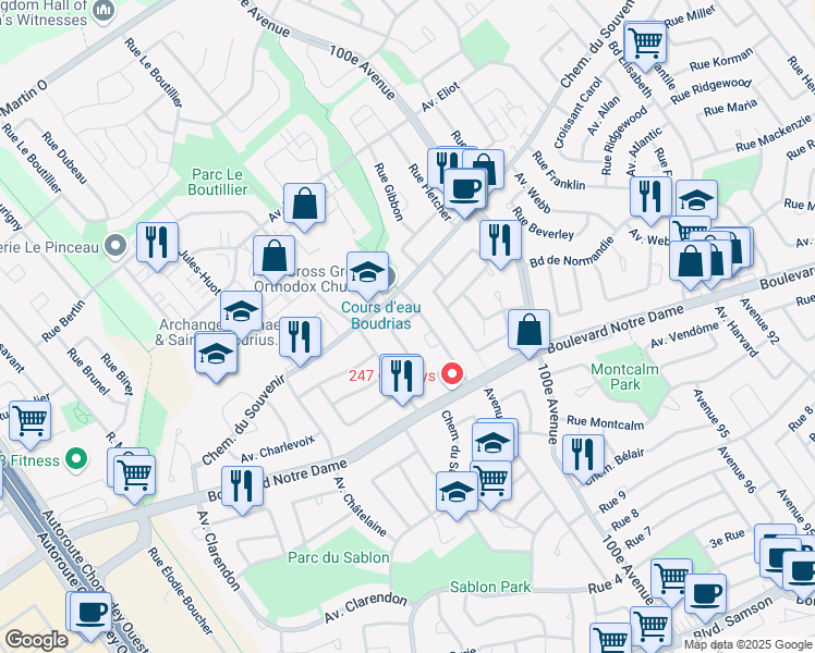 map of restaurants, bars, coffee shops, grocery stores, and more near 1051 Croissant Dickens in Laval