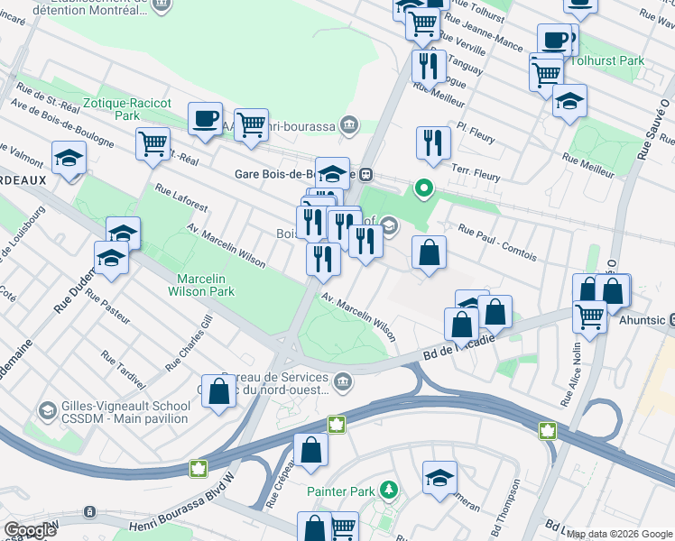 map of restaurants, bars, coffee shops, grocery stores, and more near 1550 Boulevard Henri Bourassa Ouest in Montréal
