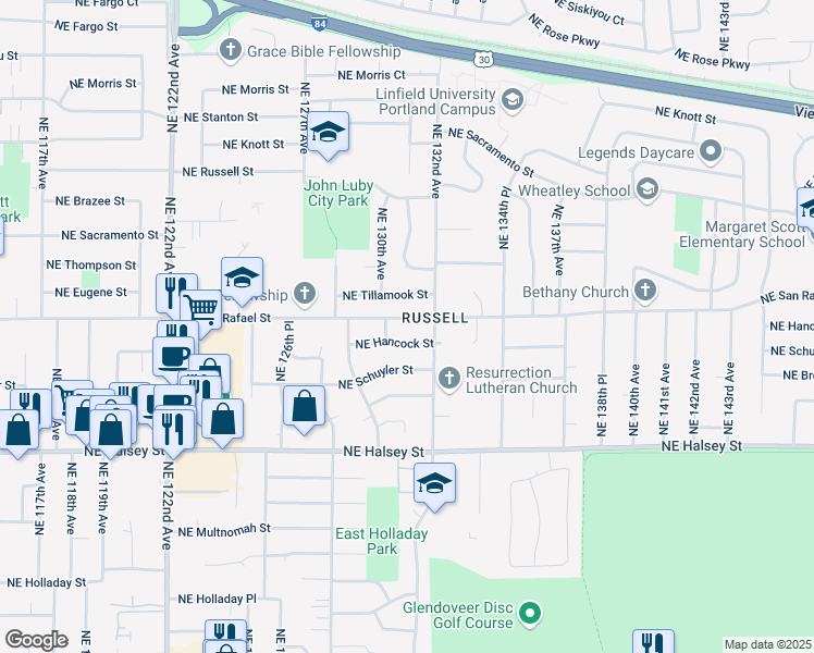 map of restaurants, bars, coffee shops, grocery stores, and more near 1927 Northeast 132nd Avenue in Portland