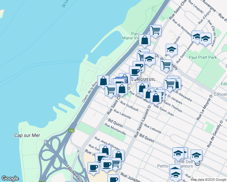 map of restaurants, bars, coffee shops, grocery stores, and more near 75 Rue Saint-Sylvestre in Longueuil