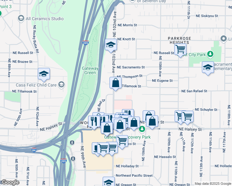 map of restaurants, bars, coffee shops, grocery stores, and more near 2020 Northeast 102nd Avenue in Portland