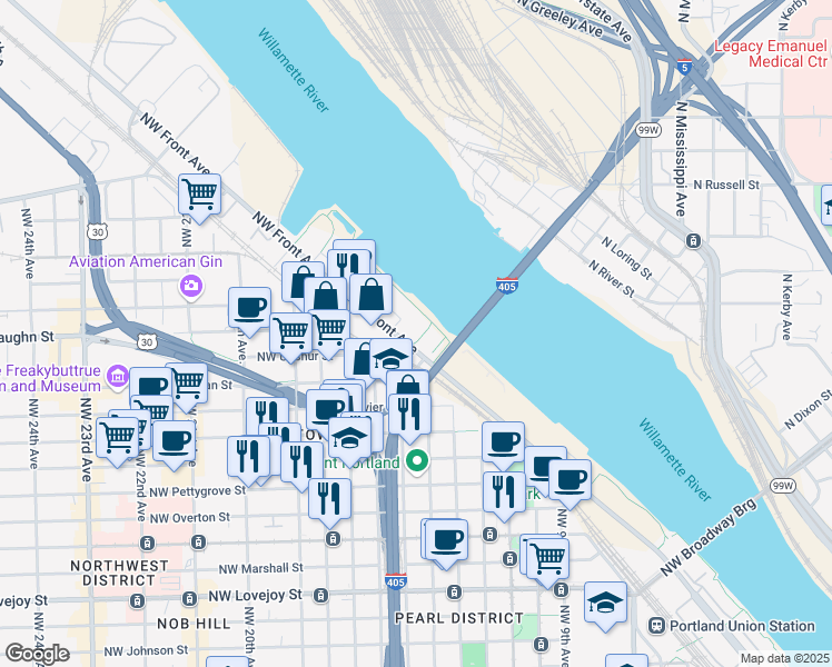map of restaurants, bars, coffee shops, grocery stores, and more near 2046 Northwest 16th Avenue in Portland